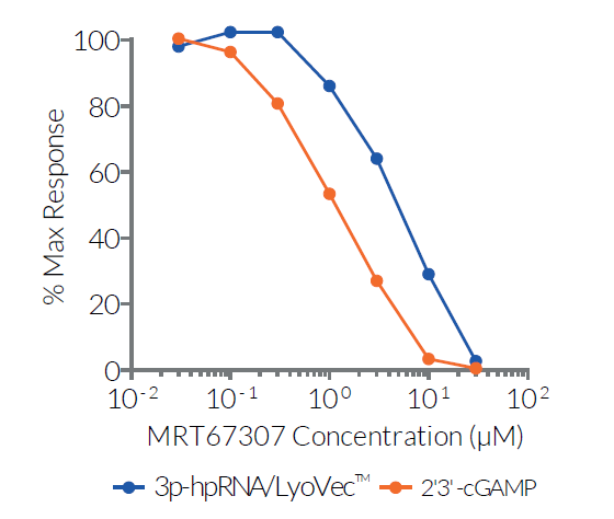 Inhibition of 3p-hpRNA and 2’3-cGAMP-induced responses in THP1-Dual™ Cells